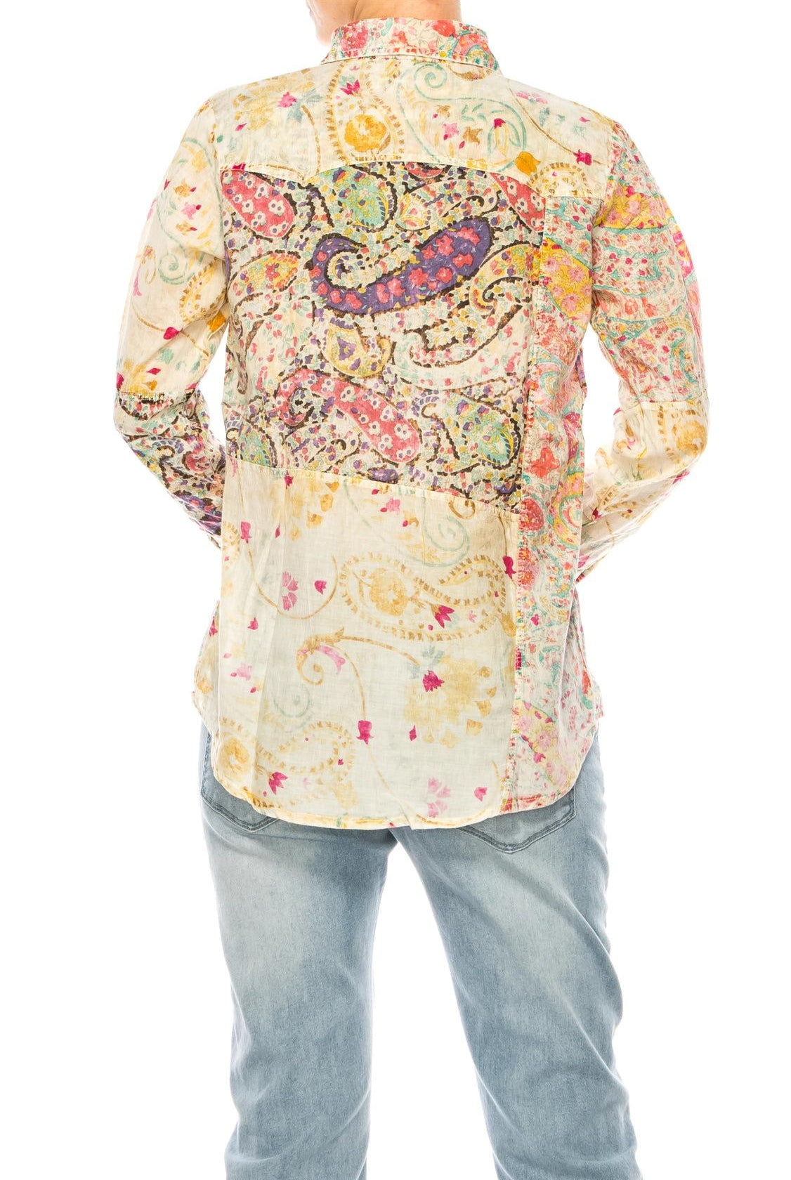 Vintage Goa Taupe Paisley Patchwork Shirt With Vintage Wash-Tops-Vintage Goa-Deja Nu Boutique, Women's Fashion Boutique in Lampasas, Texas