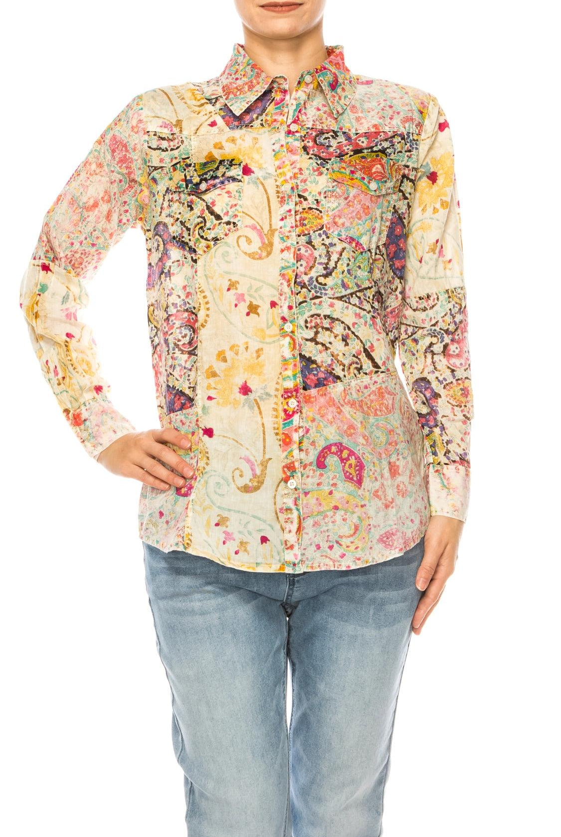 Vintage Goa Taupe Paisley Patchwork Shirt With Vintage Wash-Tops-Vintage Goa-Deja Nu Boutique, Women's Fashion Boutique in Lampasas, Texas