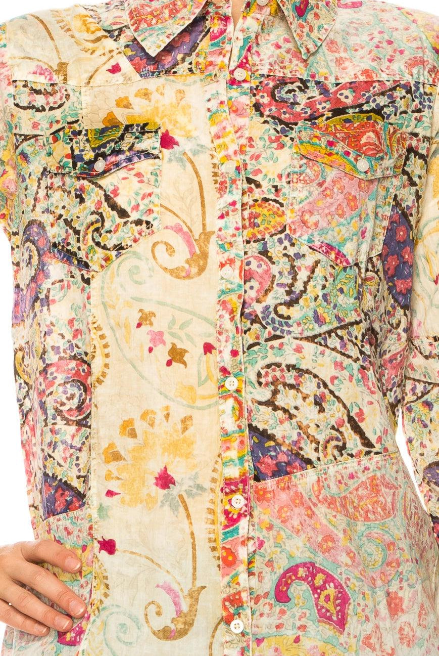 Vintage Goa Taupe Paisley Patchwork Shirt With Vintage Wash-Tops-Vintage Goa-Deja Nu Boutique, Women's Fashion Boutique in Lampasas, Texas