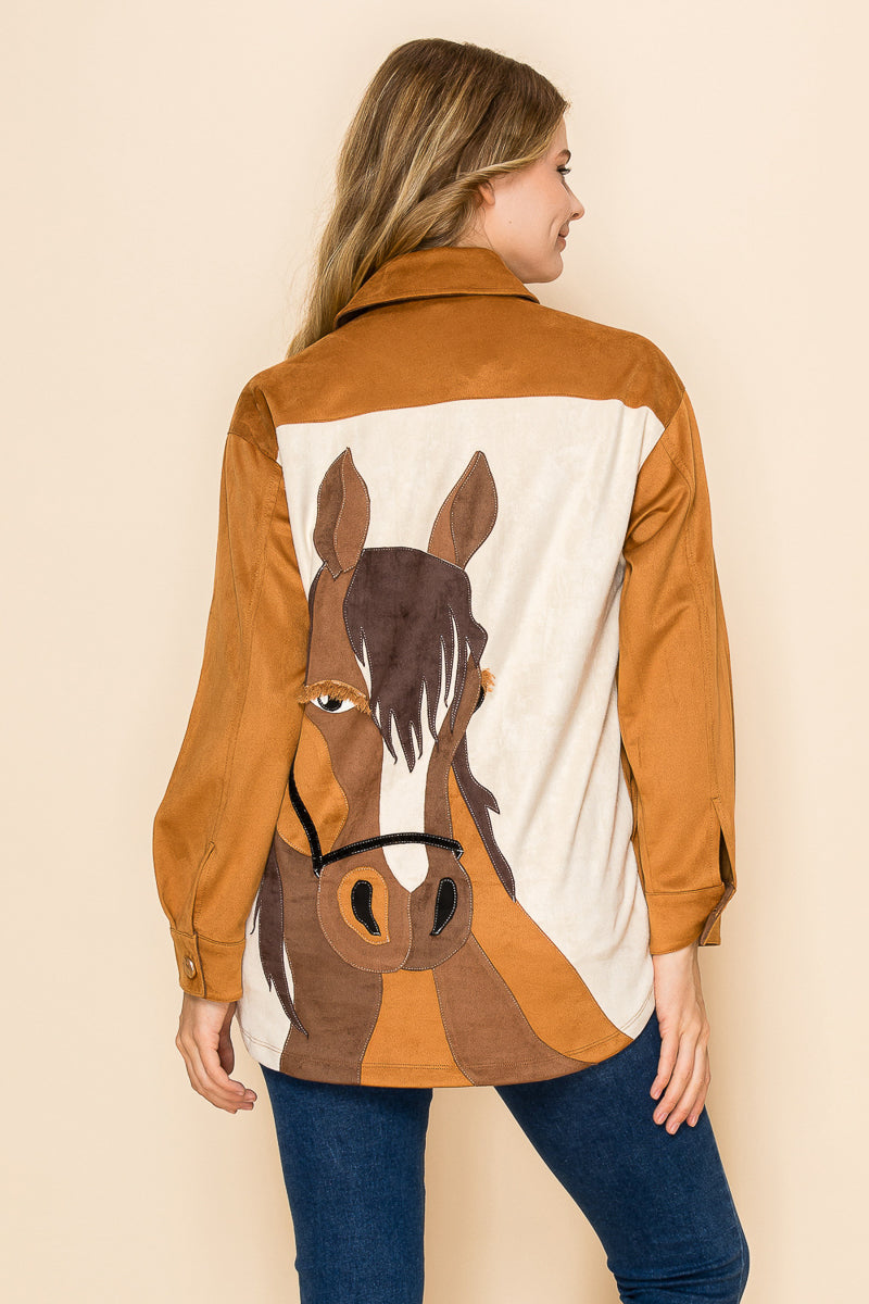 W.A.Y Suede Button Down Patchwork Shirt in Brown Horse-shirts-WAY-Deja Nu Boutique, Women's Fashion Boutique in Lampasas, Texas