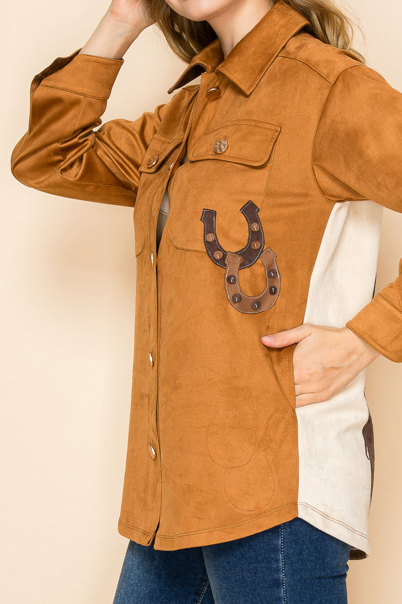 W.A.Y Suede Button Down Patchwork Shirt in Brown Horse-shirts-WAY-Deja Nu Boutique, Women's Fashion Boutique in Lampasas, Texas