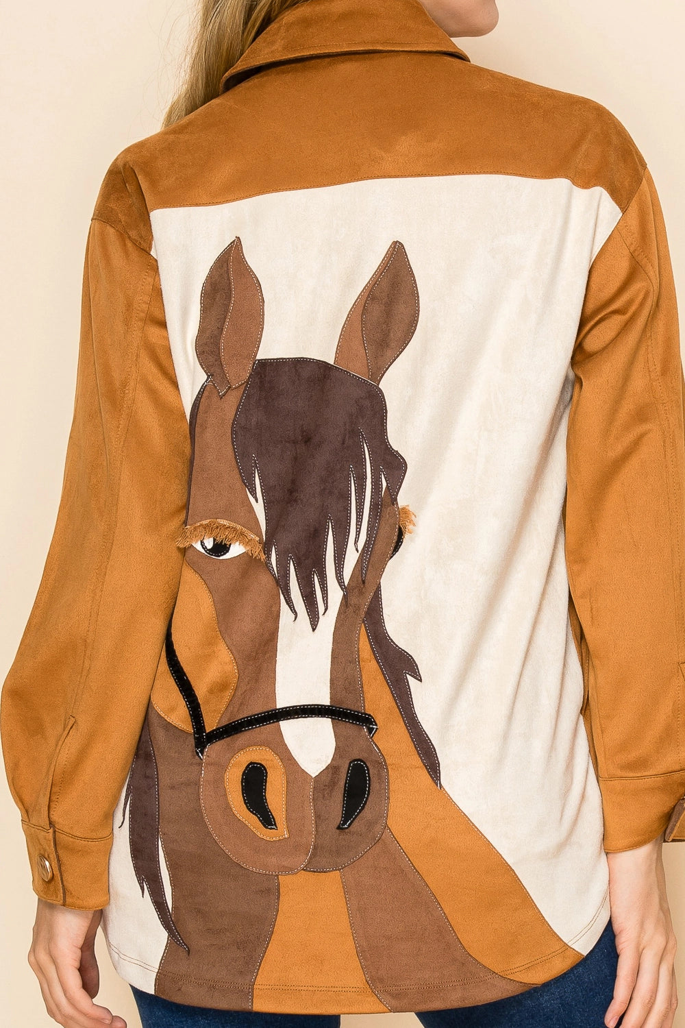 W.A.Y Suede Button Down Patchwork Shirt in Brown Horse-shirts-WAY-Deja Nu Boutique, Women's Fashion Boutique in Lampasas, Texas