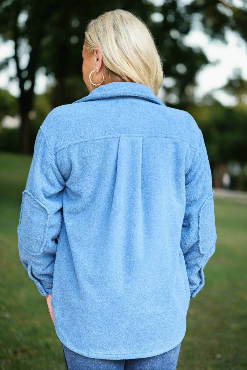 W.A.Y Wonderful And Young Blue Fuzzy Jacket-Jackets-WAY-Deja Nu Boutique, Women's Fashion Boutique in Lampasas, Texas