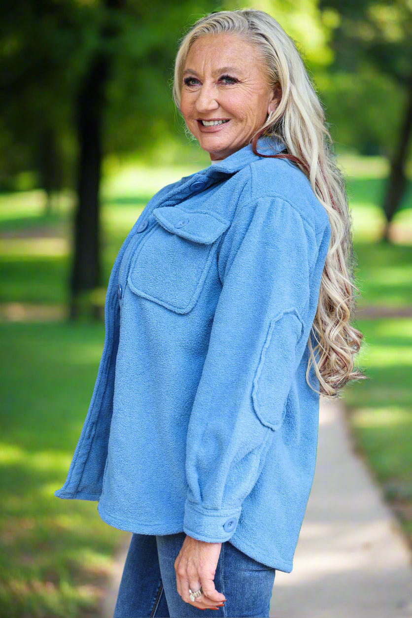 W.A.Y Wonderful And Young Blue Fuzzy Jacket-Jackets-WAY-Deja Nu Boutique, Women's Fashion Boutique in Lampasas, Texas