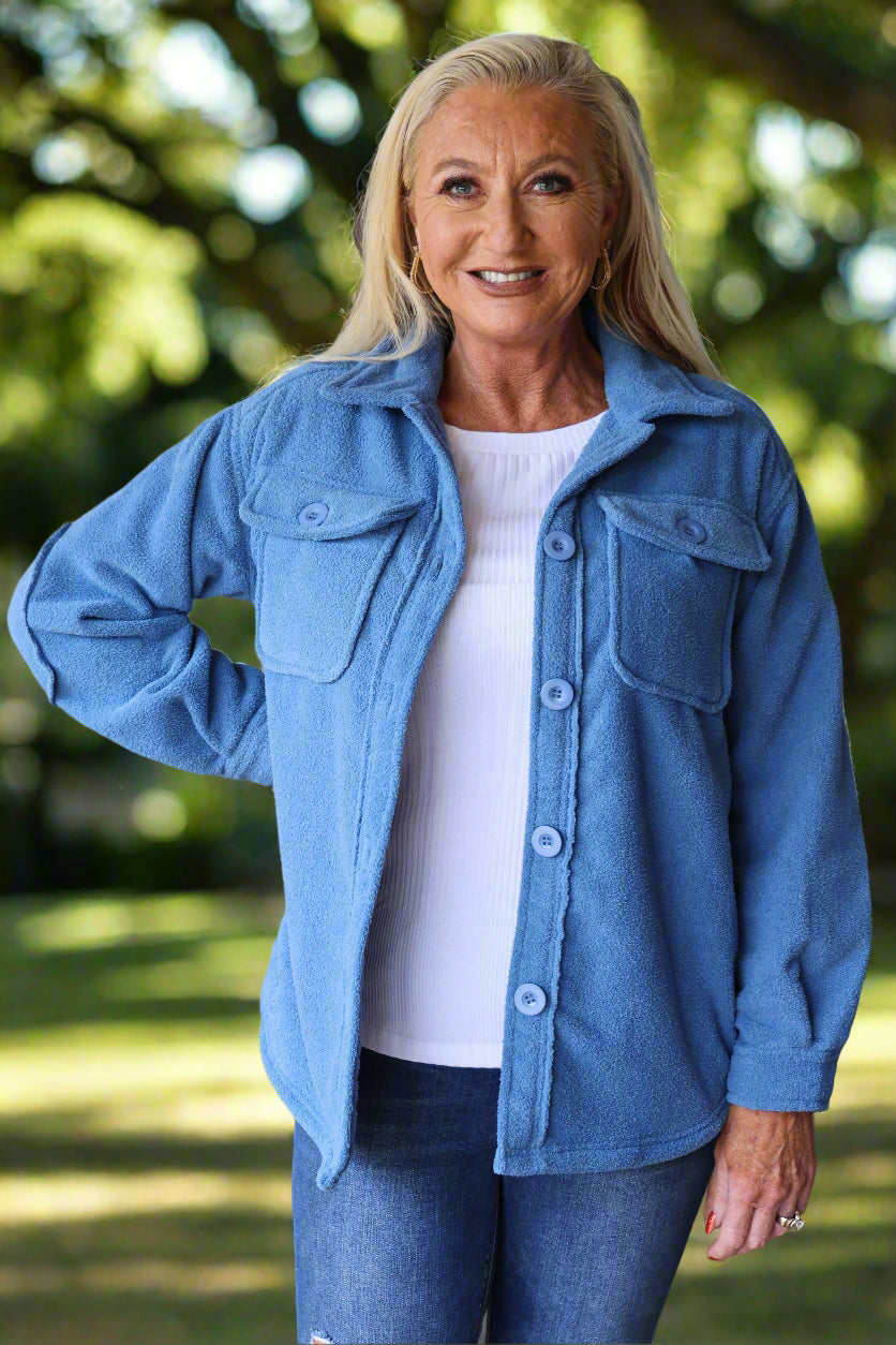 W.A.Y Wonderful And Young Blue Fuzzy Jacket-Jackets-WAY-Deja Nu Boutique, Women's Fashion Boutique in Lampasas, Texas