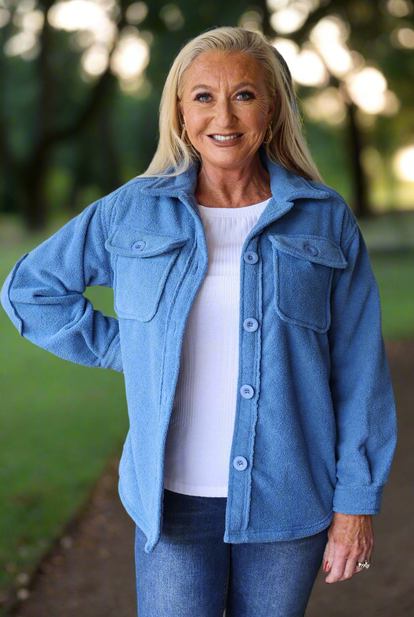 W.A.Y Wonderful And Young Blue Fuzzy Jacket-Jackets-WAY-Deja Nu Boutique, Women's Fashion Boutique in Lampasas, Texas