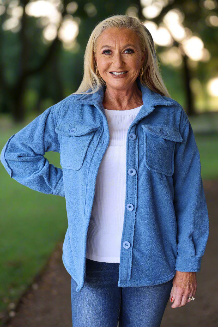 W.A.Y Wonderful And Young Blue Fuzzy Jacket-Jackets-WAY-Deja Nu Boutique, Women's Fashion Boutique in Lampasas, Texas