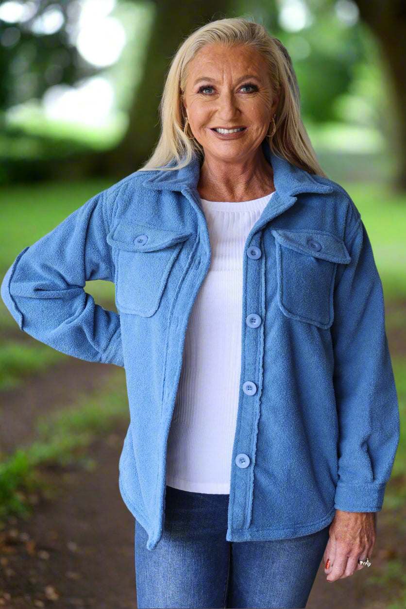 W.A.Y Wonderful And Young Blue Fuzzy Jacket-Jackets-WAY-Deja Nu Boutique, Women's Fashion Boutique in Lampasas, Texas