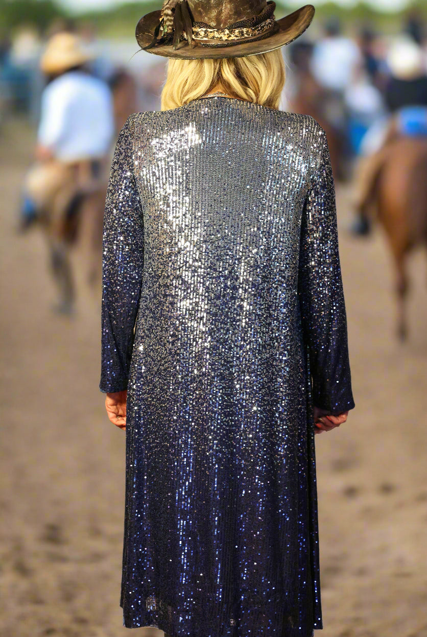 W.A.Y Wonderful And Young Sequin Ombre Duster In Navy And Silver-Cardigans & Kimonos-WAY-Deja Nu Boutique, Women's Fashion Boutique in Lampasas, Texas