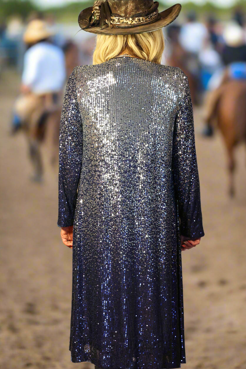 W.A.Y Wonderful And Young Sequin Ombre Duster In Navy And Silver-Cardigans & Kimonos-WAY-Deja Nu Boutique, Women's Fashion Boutique in Lampasas, Texas