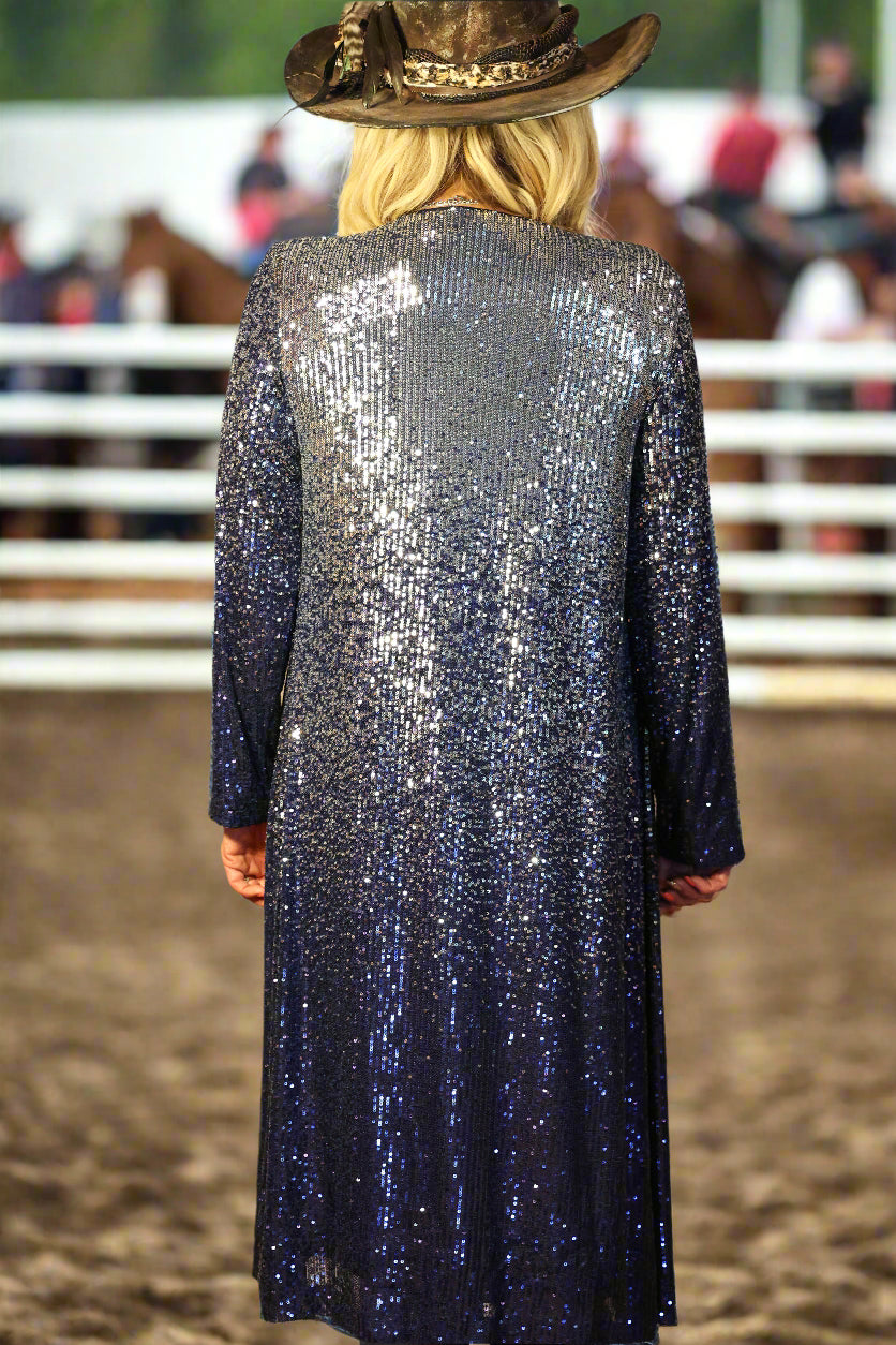 W.A.Y Wonderful And Young Sequin Ombre Duster In Navy And Silver Plus-Curvy/Plus Cardigans & Kimonos-WAY-Deja Nu Boutique, Women's Fashion Boutique in Lampasas, Texas
