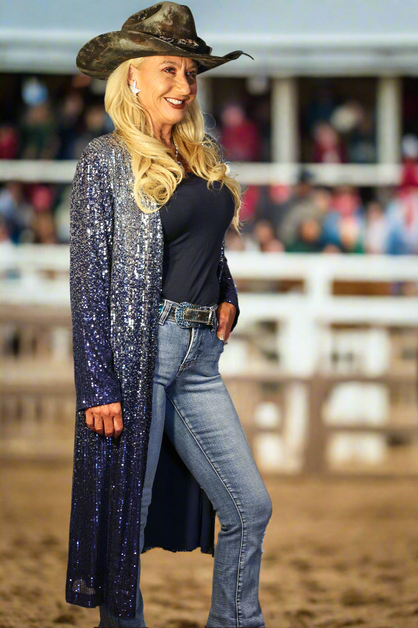 W.A.Y Wonderful And Young Sequin Ombre Duster In Navy And Silver-Cardigans & Kimonos-WAY-Deja Nu Boutique, Women's Fashion Boutique in Lampasas, Texas