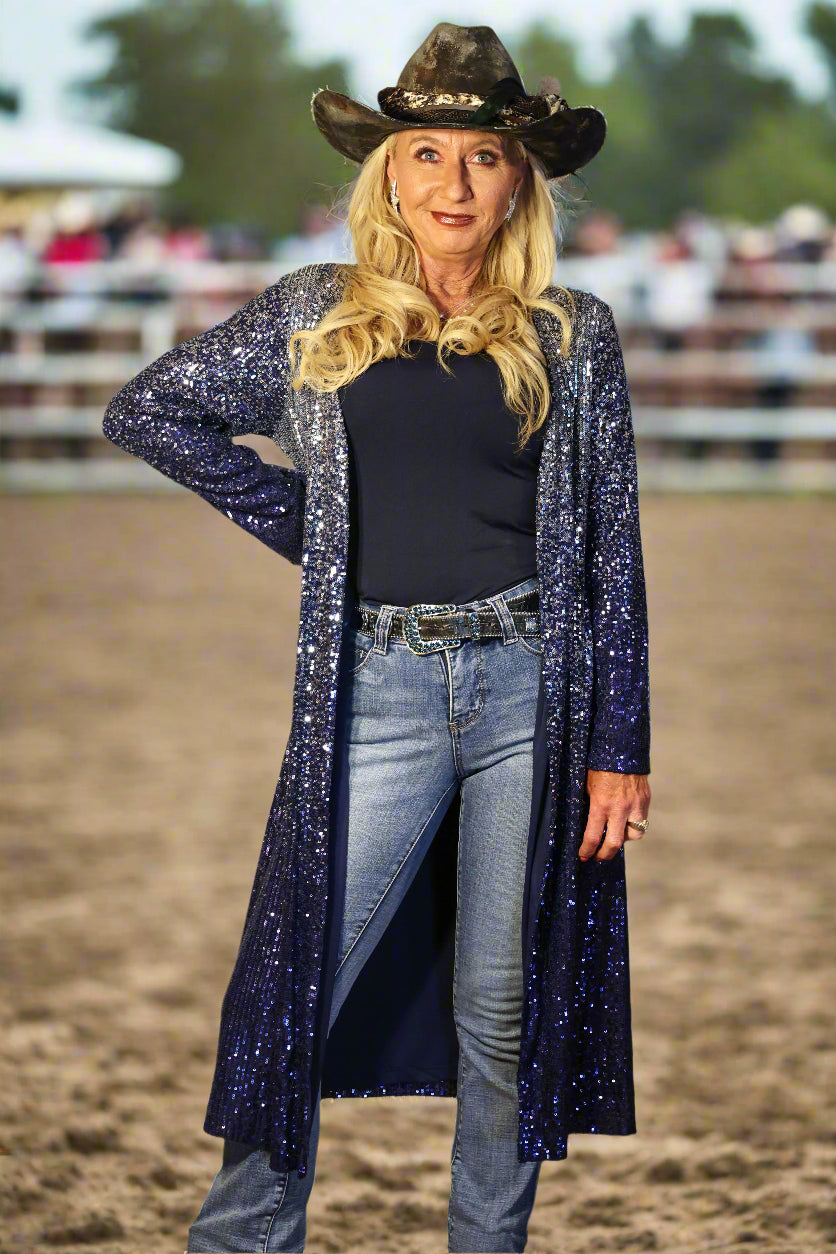 W.A.Y Wonderful And Young Sequin Ombre Duster In Navy And Silver Plus-Curvy/Plus Cardigans & Kimonos-WAY-Deja Nu Boutique, Women's Fashion Boutique in Lampasas, Texas