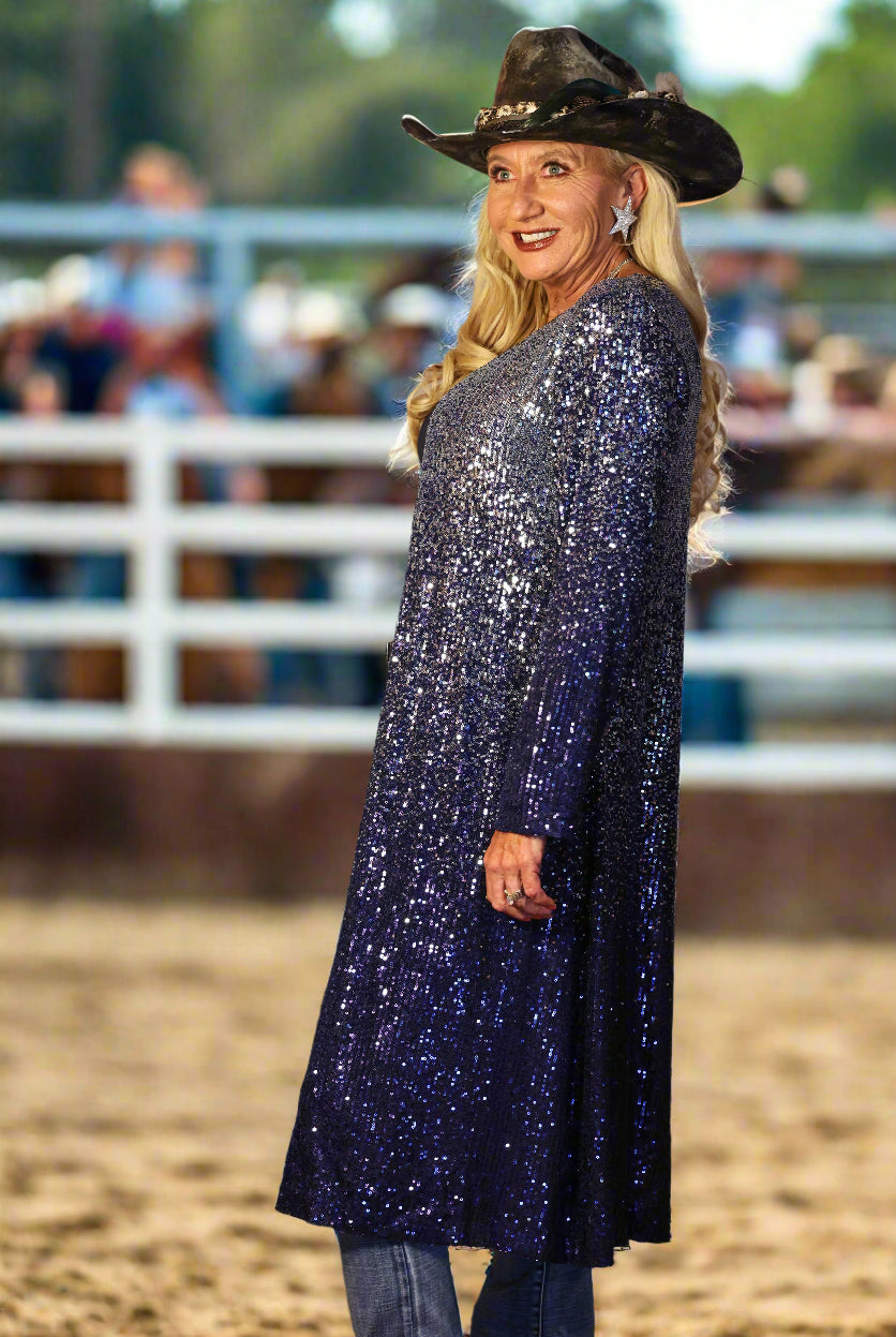 W.A.Y Wonderful And Young Sequin Ombre Duster In Navy And Silver Plus-Curvy/Plus Cardigans & Kimonos-WAY-Deja Nu Boutique, Women's Fashion Boutique in Lampasas, Texas