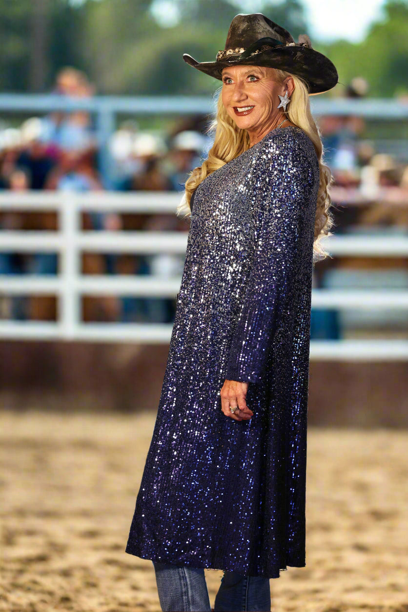 W.A.Y Wonderful And Young Sequin Ombre Duster In Navy And Silver Plus-Curvy/Plus Cardigans & Kimonos-WAY-Deja Nu Boutique, Women's Fashion Boutique in Lampasas, Texas