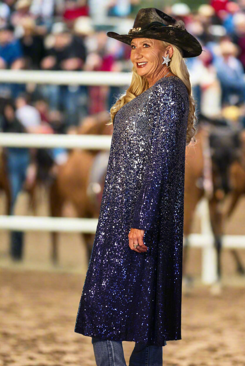 W.A.Y Wonderful And Young Sequin Ombre Duster In Navy And Silver-Cardigans & Kimonos-WAY-Deja Nu Boutique, Women's Fashion Boutique in Lampasas, Texas