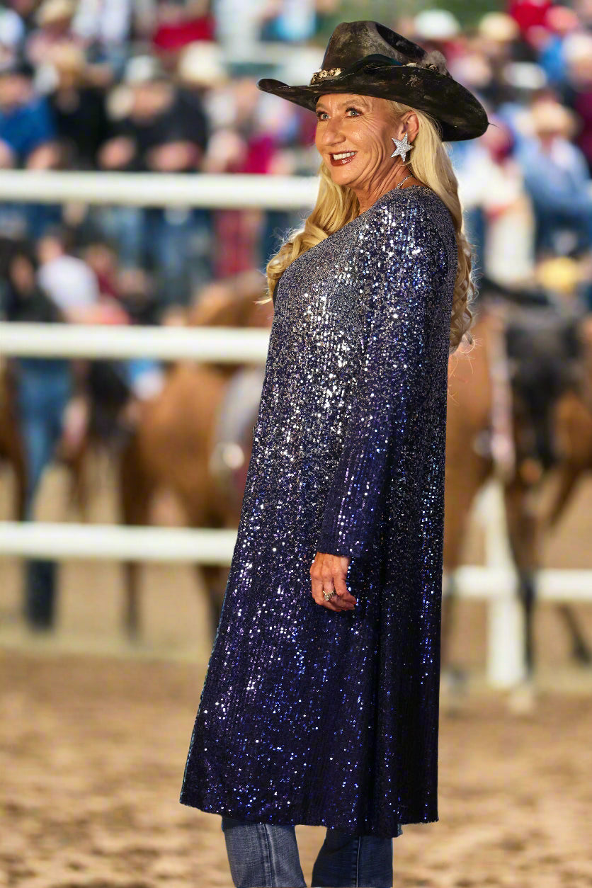 W.A.Y Wonderful And Young Sequin Ombre Duster In Navy And Silver-Cardigans & Kimonos-WAY-Deja Nu Boutique, Women's Fashion Boutique in Lampasas, Texas