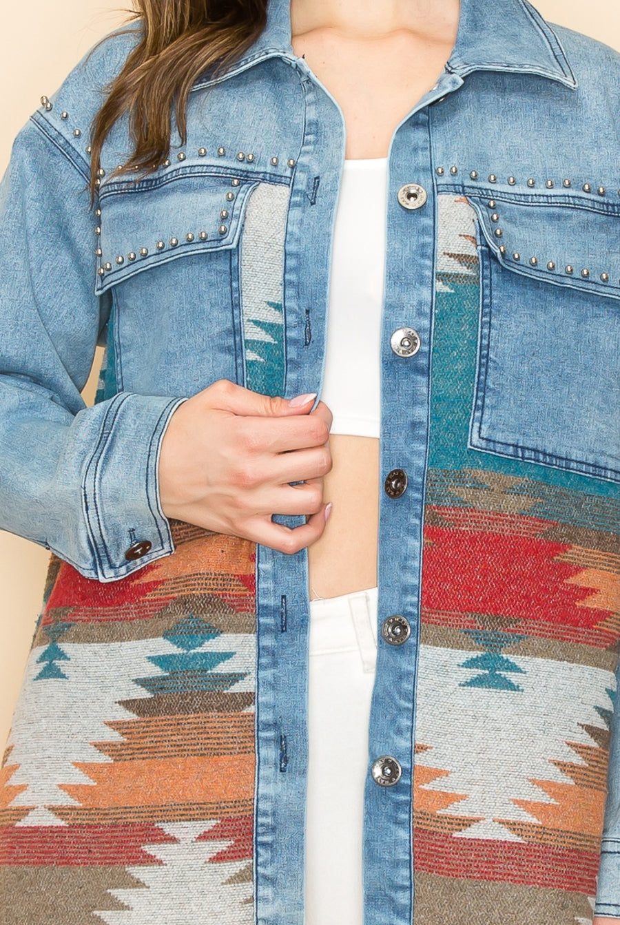 W.A.Y Wonderful & Young Denim Oversized Aztec Jacket With Studs-Jackets-WAY-Deja Nu Boutique, Women's Fashion Boutique in Lampasas, Texas