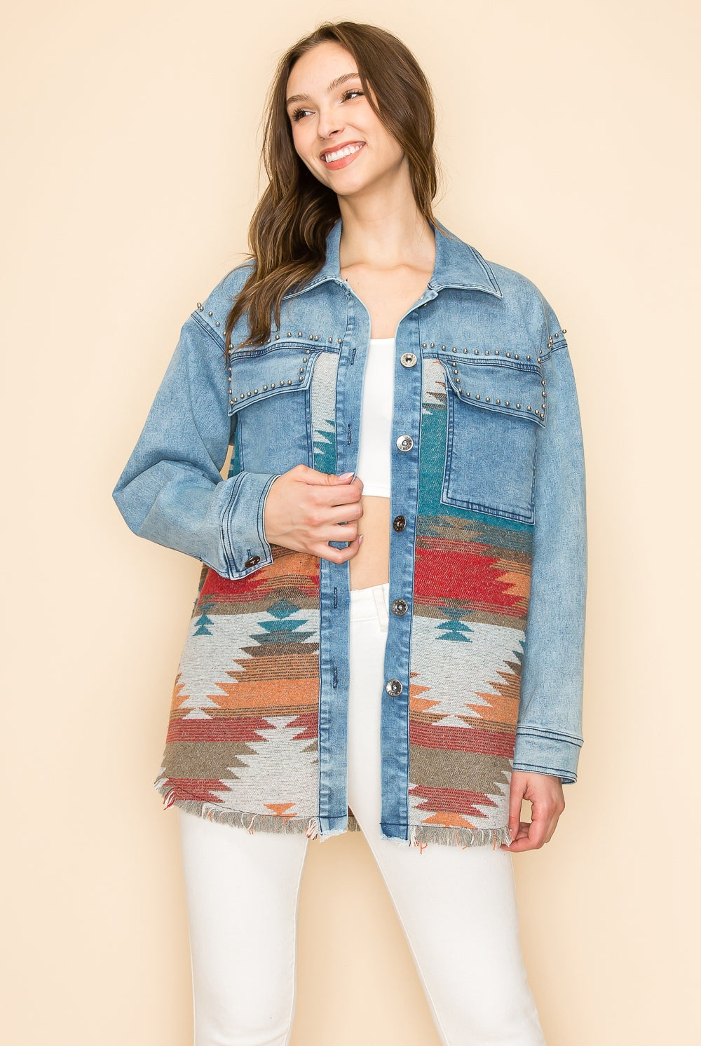 W.A.Y Wonderful & Young Denim Oversized Aztec Jacket With Studs-Jackets-WAY-Deja Nu Boutique, Women's Fashion Boutique in Lampasas, Texas