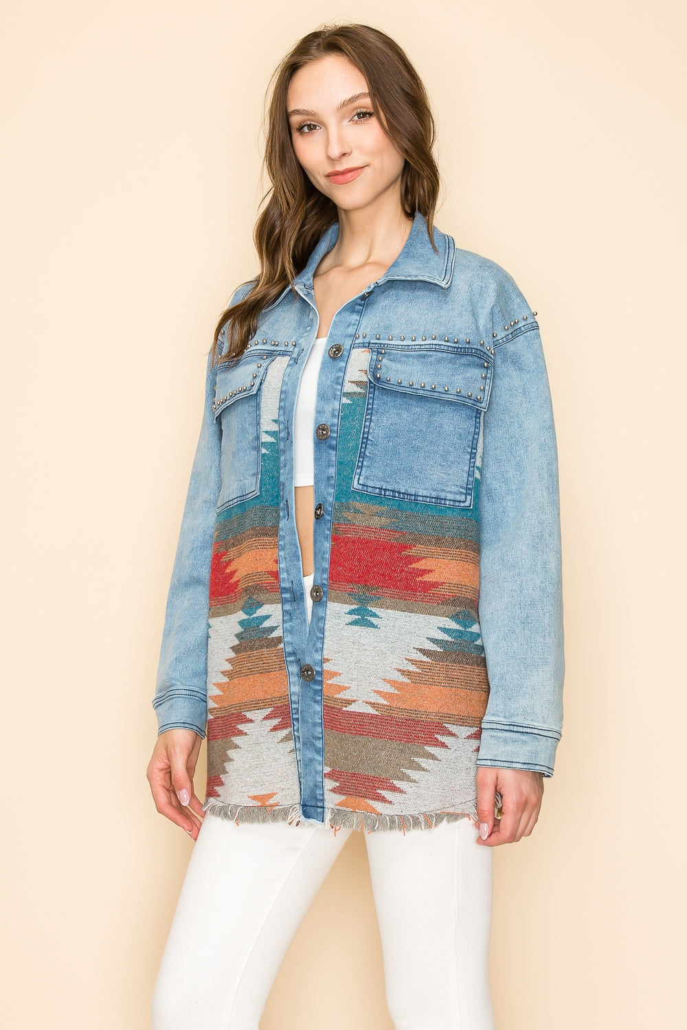 W.A.Y Wonderful & Young Denim Oversized Aztec Jacket With Studs-Jackets-WAY-Deja Nu Boutique, Women's Fashion Boutique in Lampasas, Texas