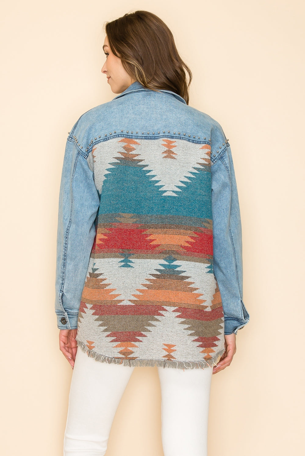 W.A.Y Wonderful & Young Denim Oversized Aztec Jacket With Studs-Jackets-WAY-Deja Nu Boutique, Women's Fashion Boutique in Lampasas, Texas