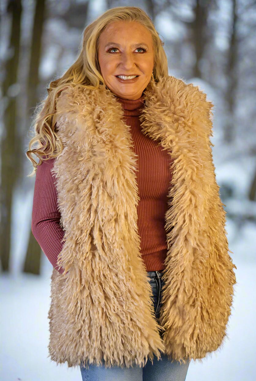 W.A.Y Wonderful & Young Mongolian Lamb Faux Fur Lapel Vest-Vest-WAY-Deja Nu Boutique, Women's Fashion Boutique in Lampasas, Texas