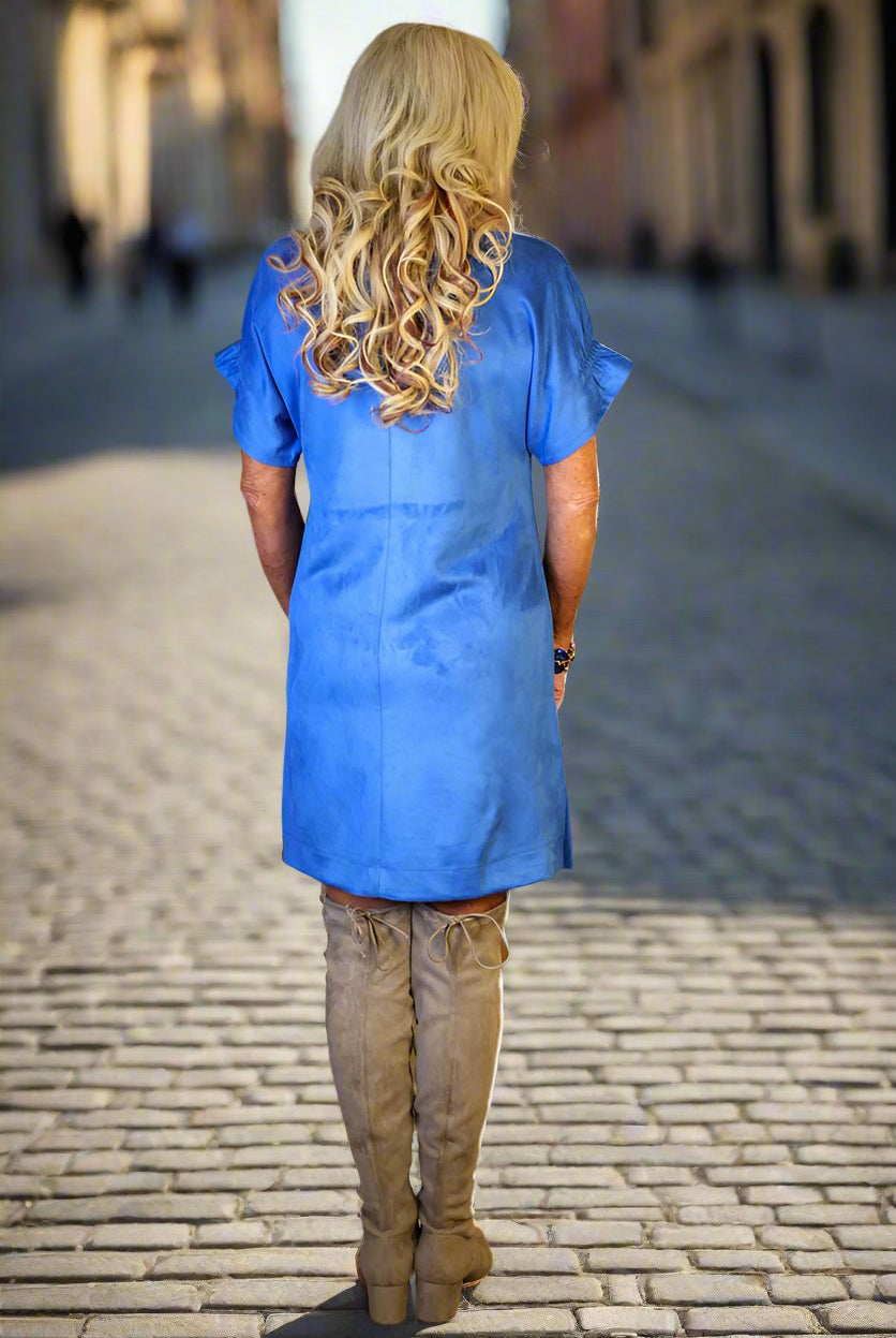 W.A.Y Wonderful & Young Short Sleeve Suede Dress In Royal Blue-Short Dresses-WAY-Deja Nu Boutique, Women's Fashion Boutique in Lampasas, Texas