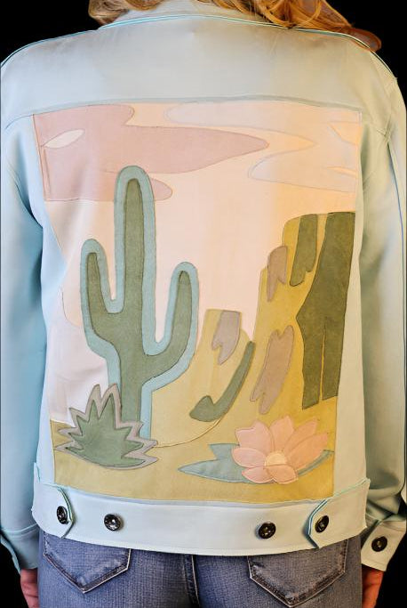 W.A.Y Wonderful & Young Suede Applique Cactus Jacket In Mint-Jackets-WAY-Deja Nu Boutique, Women's Fashion Boutique in Lampasas, Texas