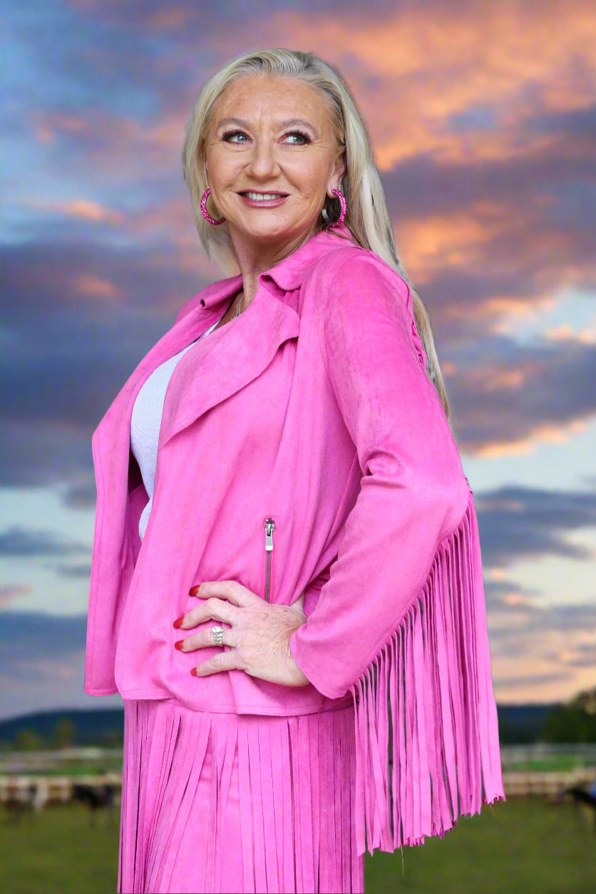 W.A.Y Wonderful & Young Suede Fringe Jacket In Hot Pink-Jackets-WAY-Deja Nu Boutique, Women's Fashion Boutique in Lampasas, Texas