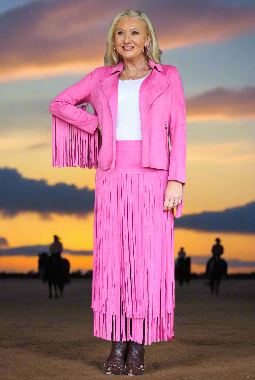 W.A.Y Wonderful & Young Suede Fringe Jacket In Hot Pink-Jackets-WAY-Deja Nu Boutique, Women's Fashion Boutique in Lampasas, Texas