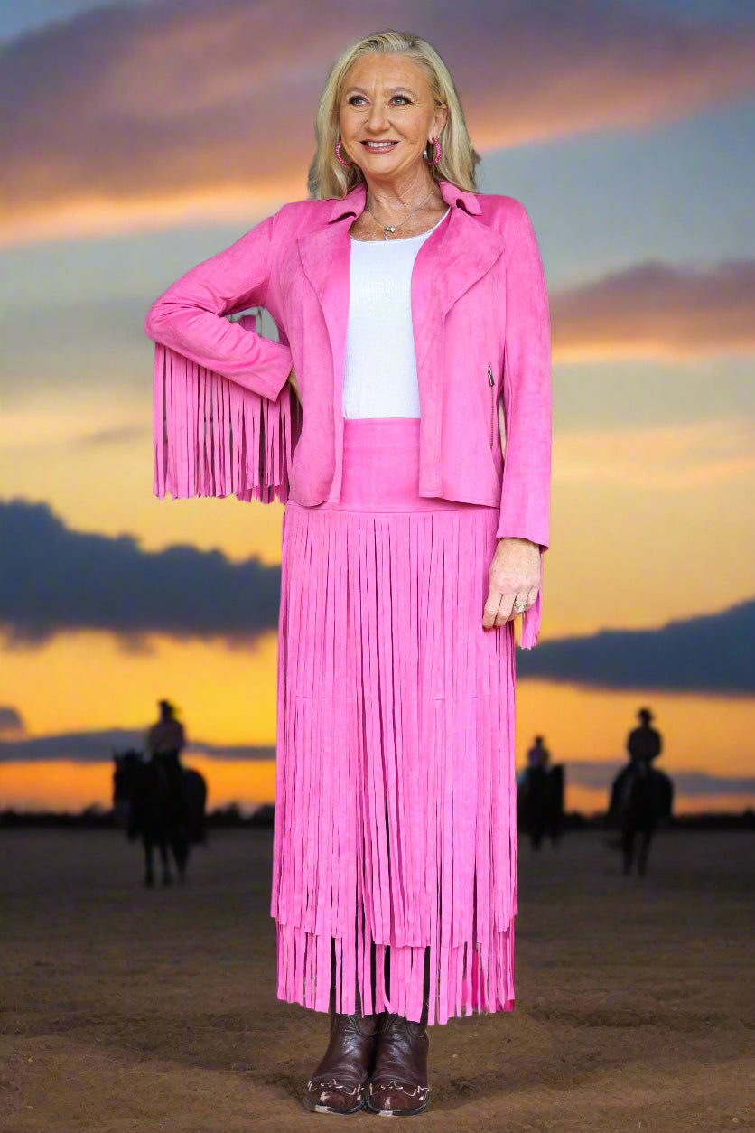 W.A.Y Wonderful & Young Suede Fringe Jacket In Hot Pink-Jackets-WAY-Deja Nu Boutique, Women's Fashion Boutique in Lampasas, Texas
