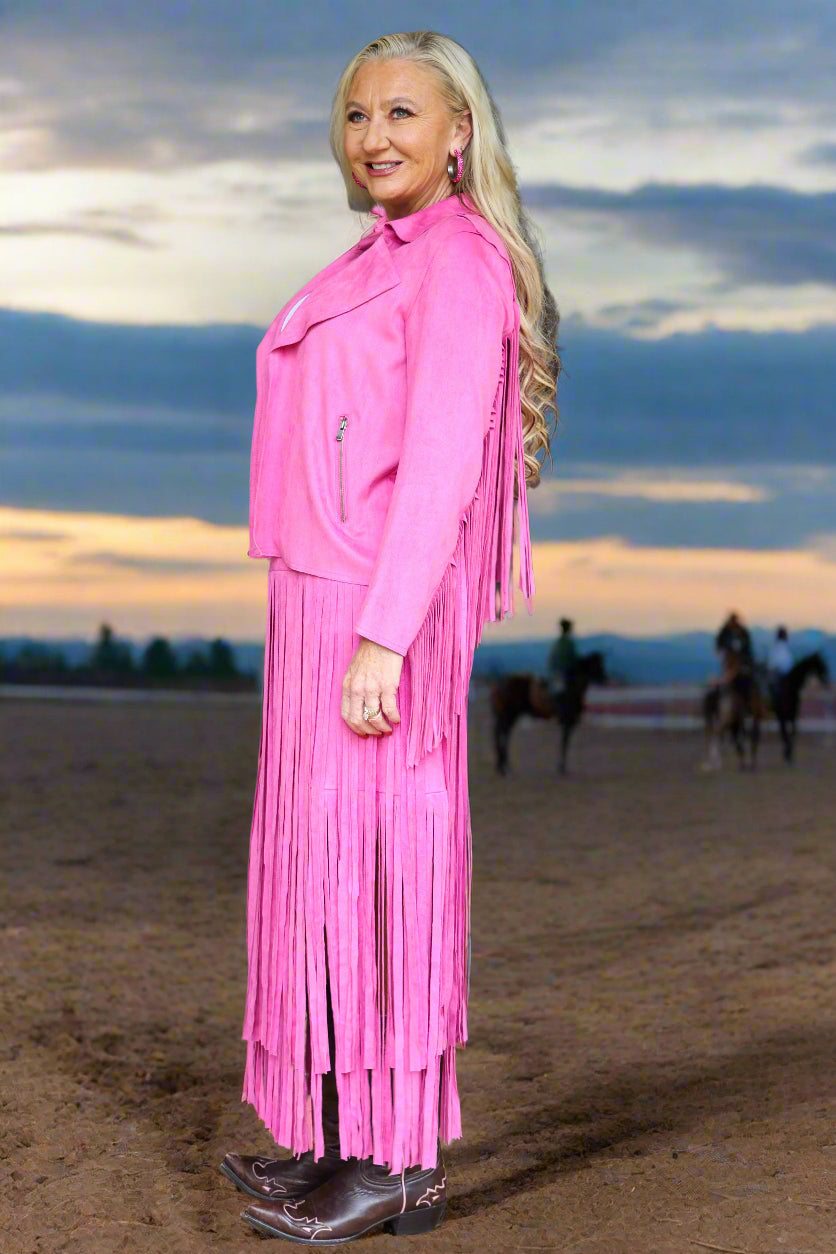 W.A.Y Wonderful & Young Suede Fringe Jacket In Hot Pink-Jackets-WAY-Deja Nu Boutique, Women's Fashion Boutique in Lampasas, Texas