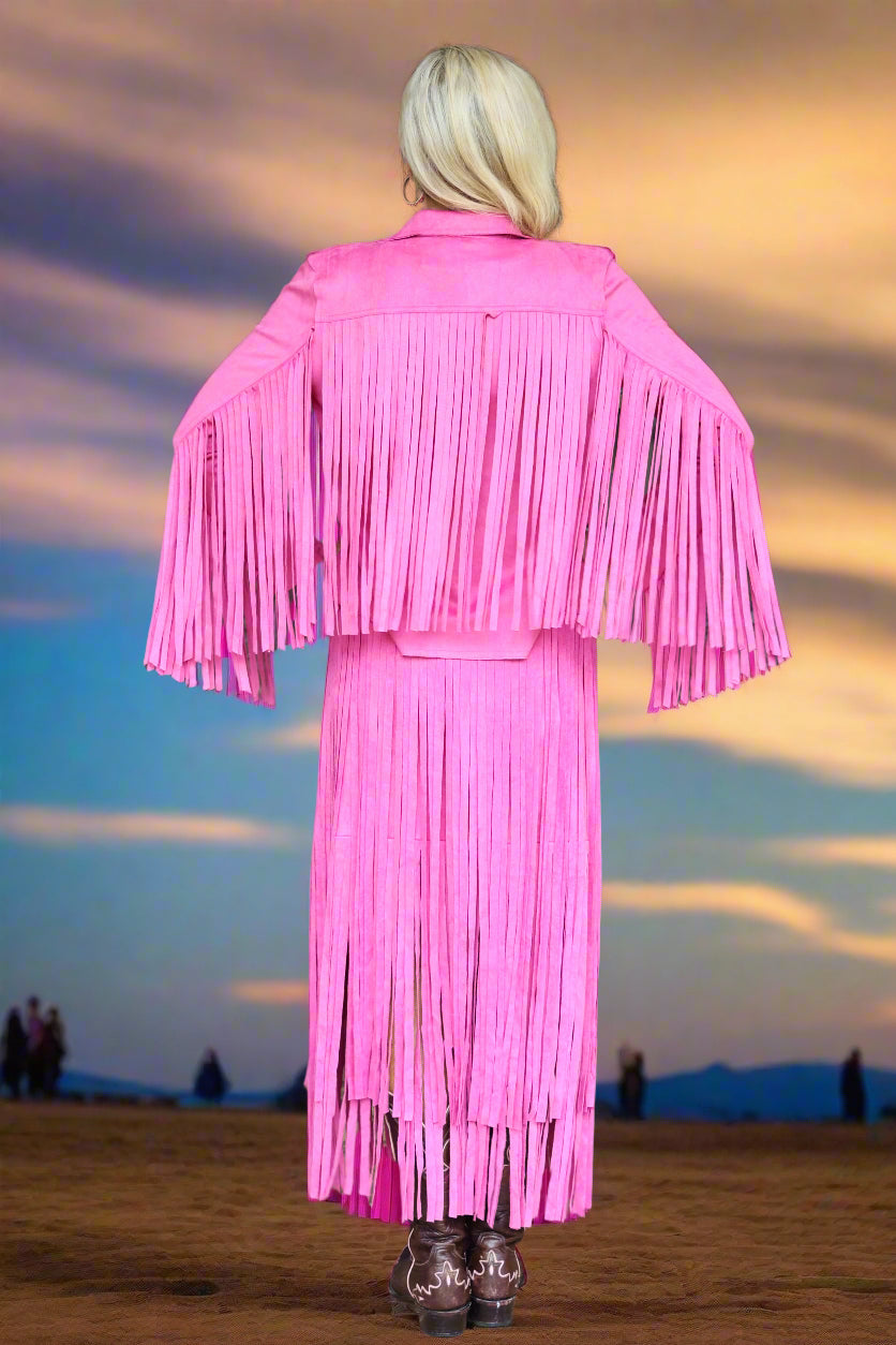 W.A.Y Wonderful & Young Suede Fringe Jacket In Hot Pink-Jackets-WAY-Deja Nu Boutique, Women's Fashion Boutique in Lampasas, Texas