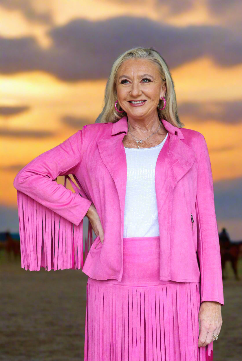 W.A.Y Wonderful & Young Suede Fringe Jacket In Hot Pink-Jackets-WAY-Deja Nu Boutique, Women's Fashion Boutique in Lampasas, Texas