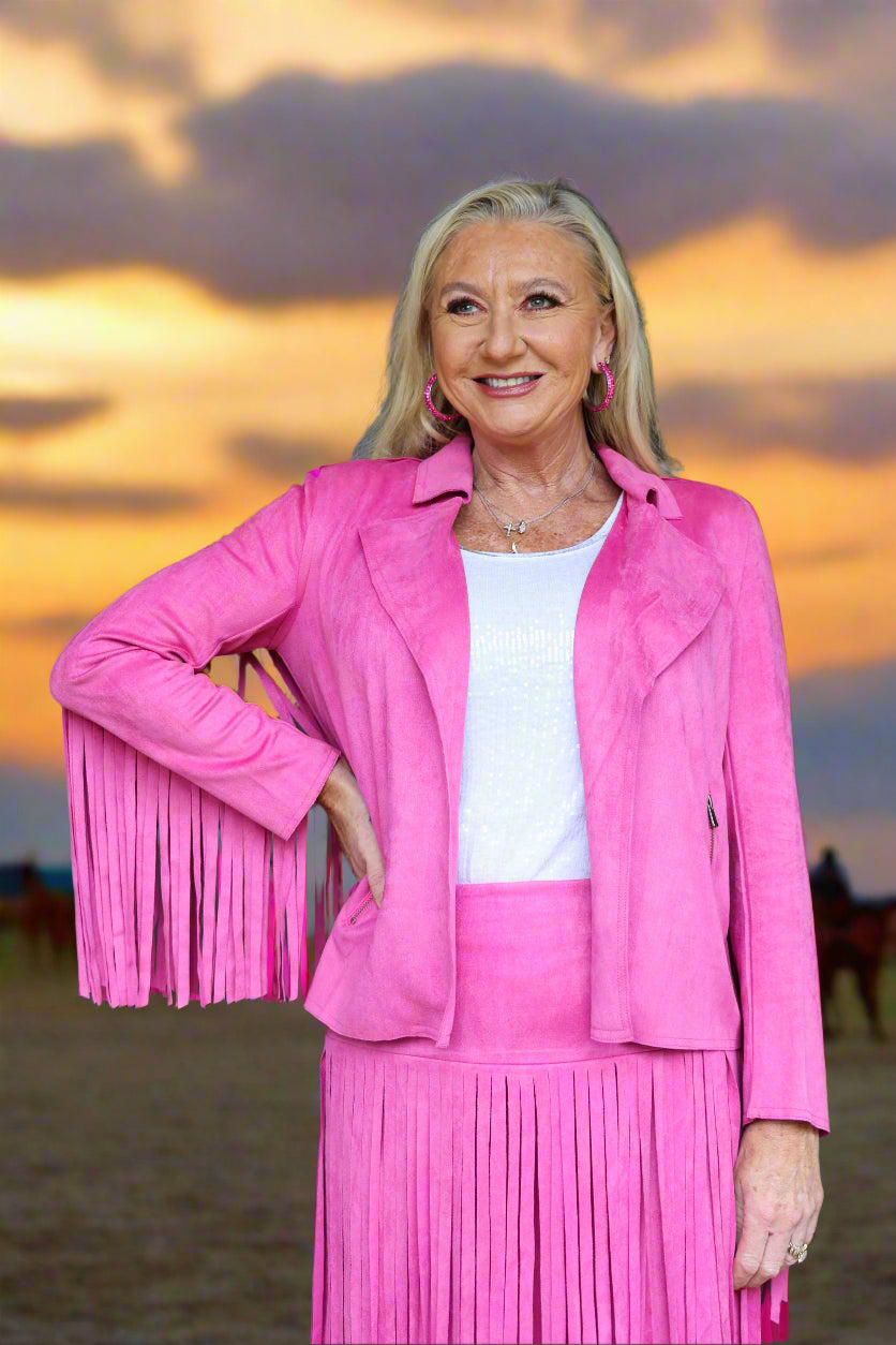 W.A.Y Wonderful & Young Suede Fringe Jacket In Hot Pink-Jackets-WAY-Deja Nu Boutique, Women's Fashion Boutique in Lampasas, Texas