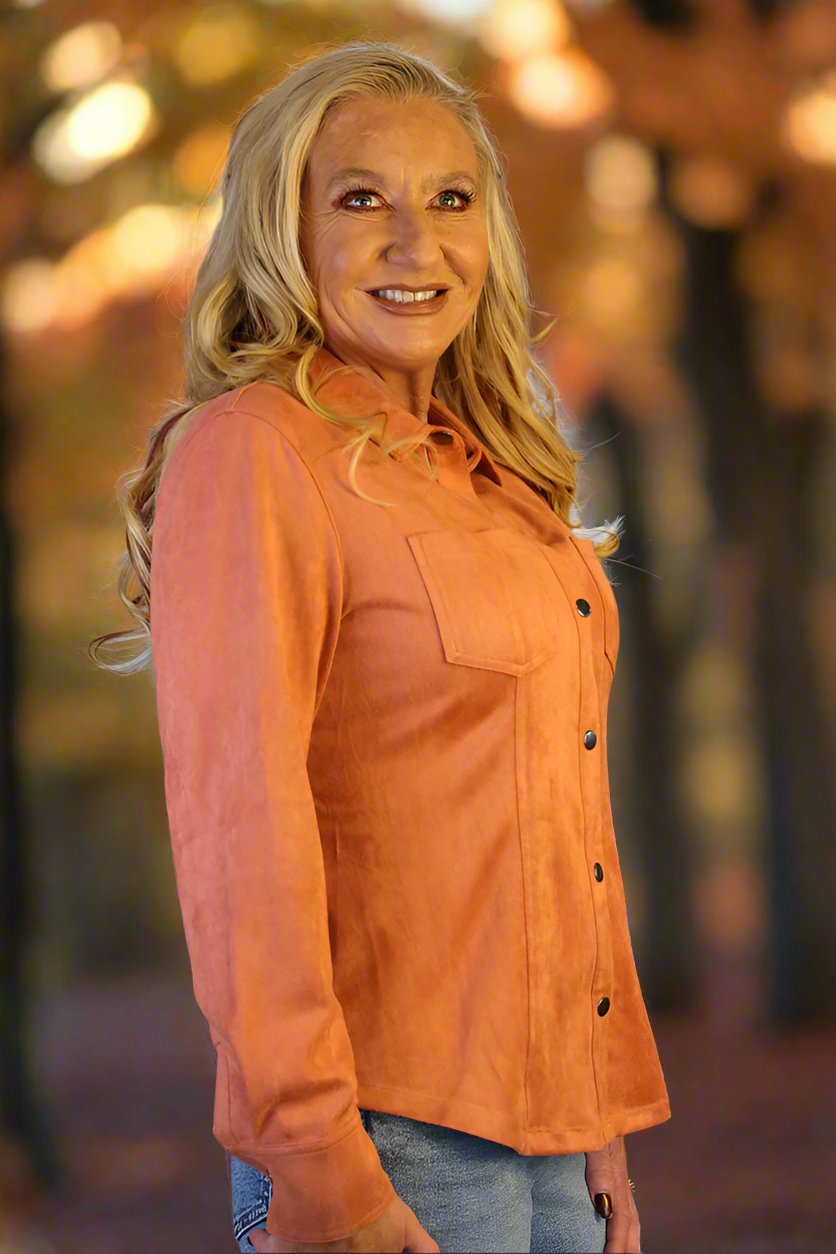 W.A.Y Wonderful & Young Suede Tawny Orange Snap Front Shirt-shirts-WAY-Deja Nu Boutique, Women's Fashion Boutique in Lampasas, Texas