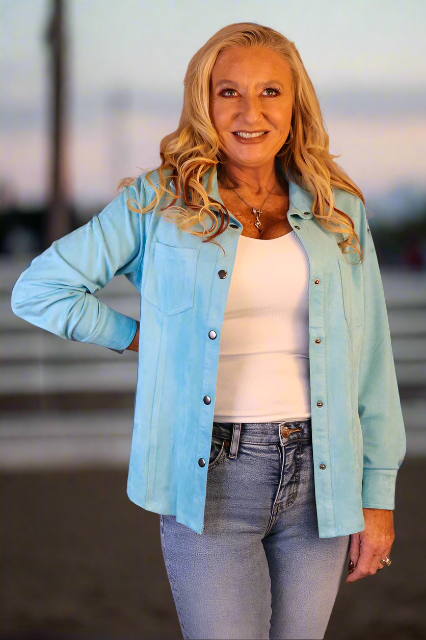 W.A.Y Wonderful & Young Suede Turquoise Snap Front Shirt-shirts-WAY-Deja Nu Boutique, Women's Fashion Boutique in Lampasas, Texas
