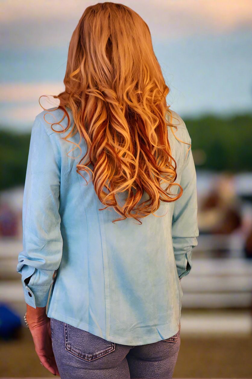 W.A.Y Wonderful & Young Suede Turquoise Snap Front Shirt-shirts-WAY-Deja Nu Boutique, Women's Fashion Boutique in Lampasas, Texas