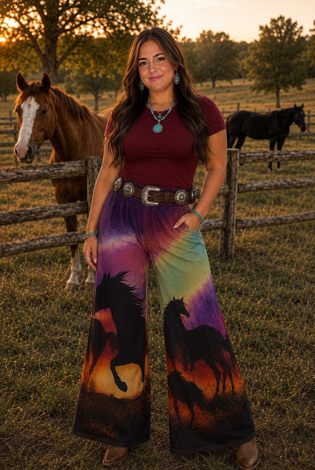 W.A.Y Wonderful & Young Wild Horses Printed Mesh Wide Leg Pants-Pants-WAY-Deja Nu Boutique, Women's Fashion Boutique in Lampasas, Texas