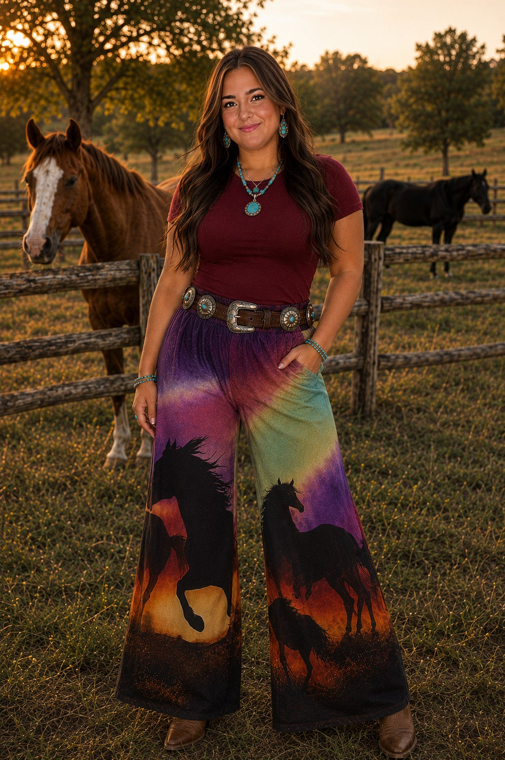 W.A.Y Wonderful & Young Wild Horses Printed Mesh Wide Leg Pants-Pants-WAY-Deja Nu Boutique, Women's Fashion Boutique in Lampasas, Texas