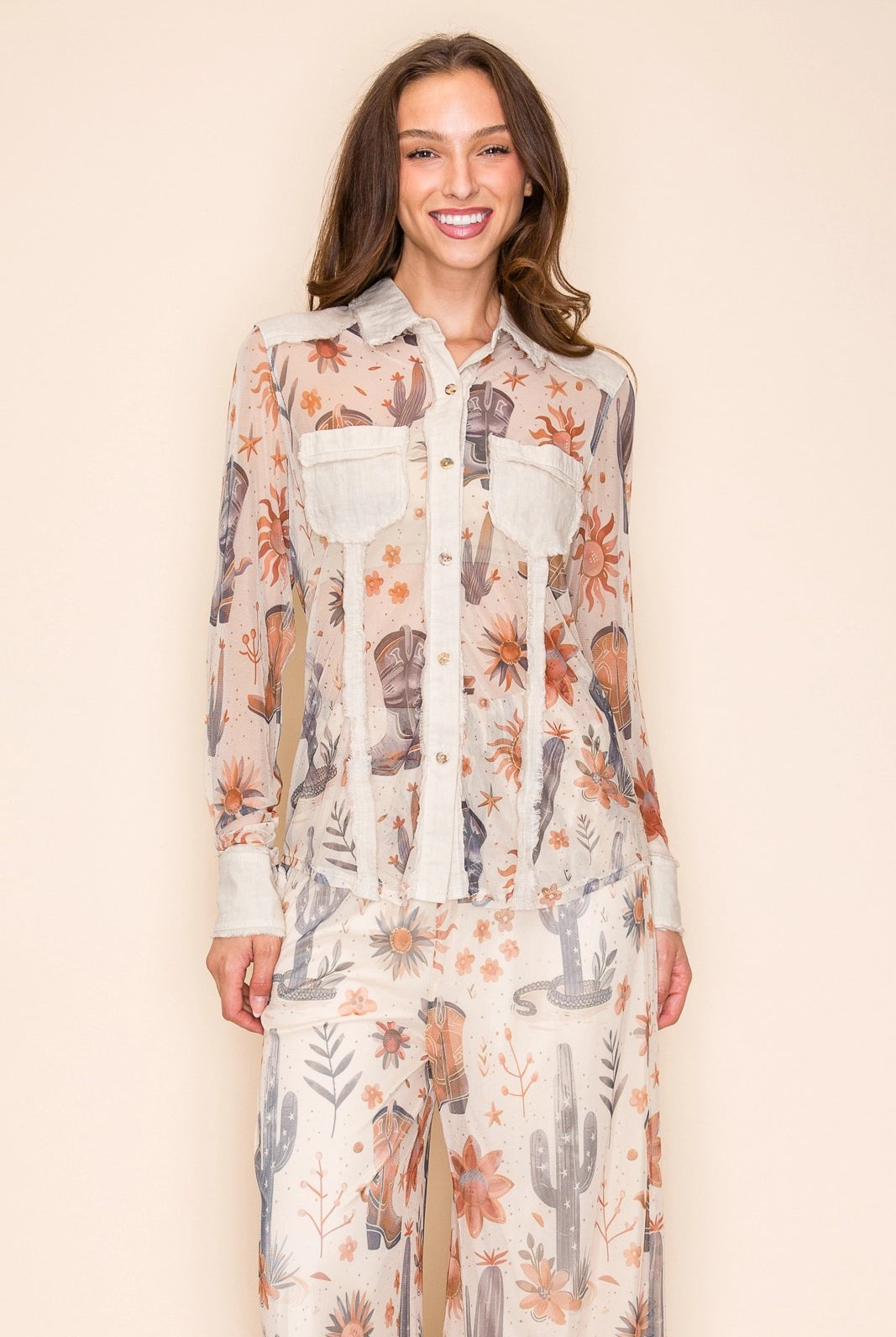 W.A.Y Wonderful & Young Desert Sun Western Mesh Snap Front Blouse-Tops-WAY-Deja Nu Boutique, Women's Fashion Boutique in Lampasas, Texas
