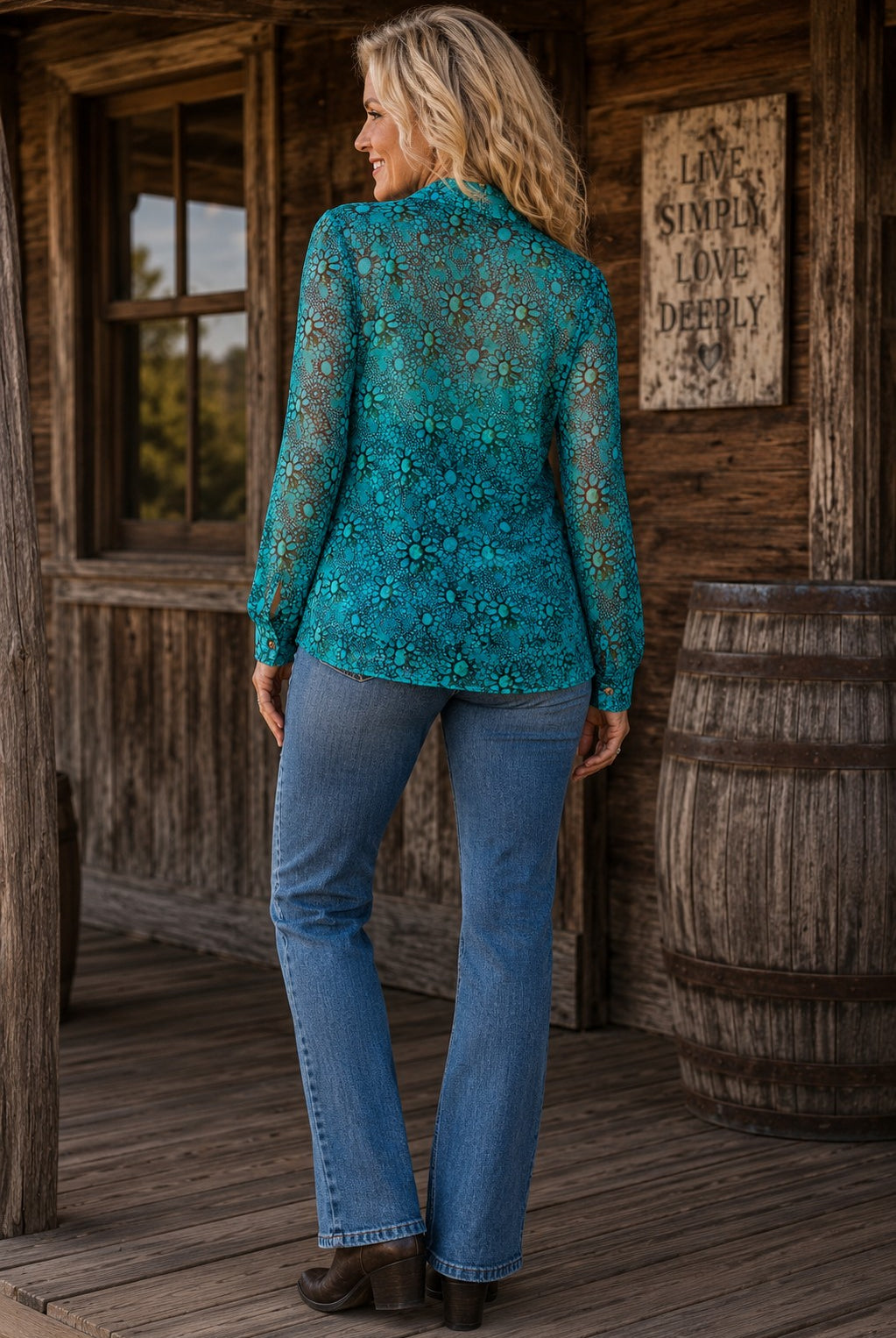 W.A.Y Wonderful & Young Turquoise Mesa Mesh Button Front Blouse-Tops-WAY-Deja Nu Boutique, Women's Fashion Boutique in Lampasas, Texas