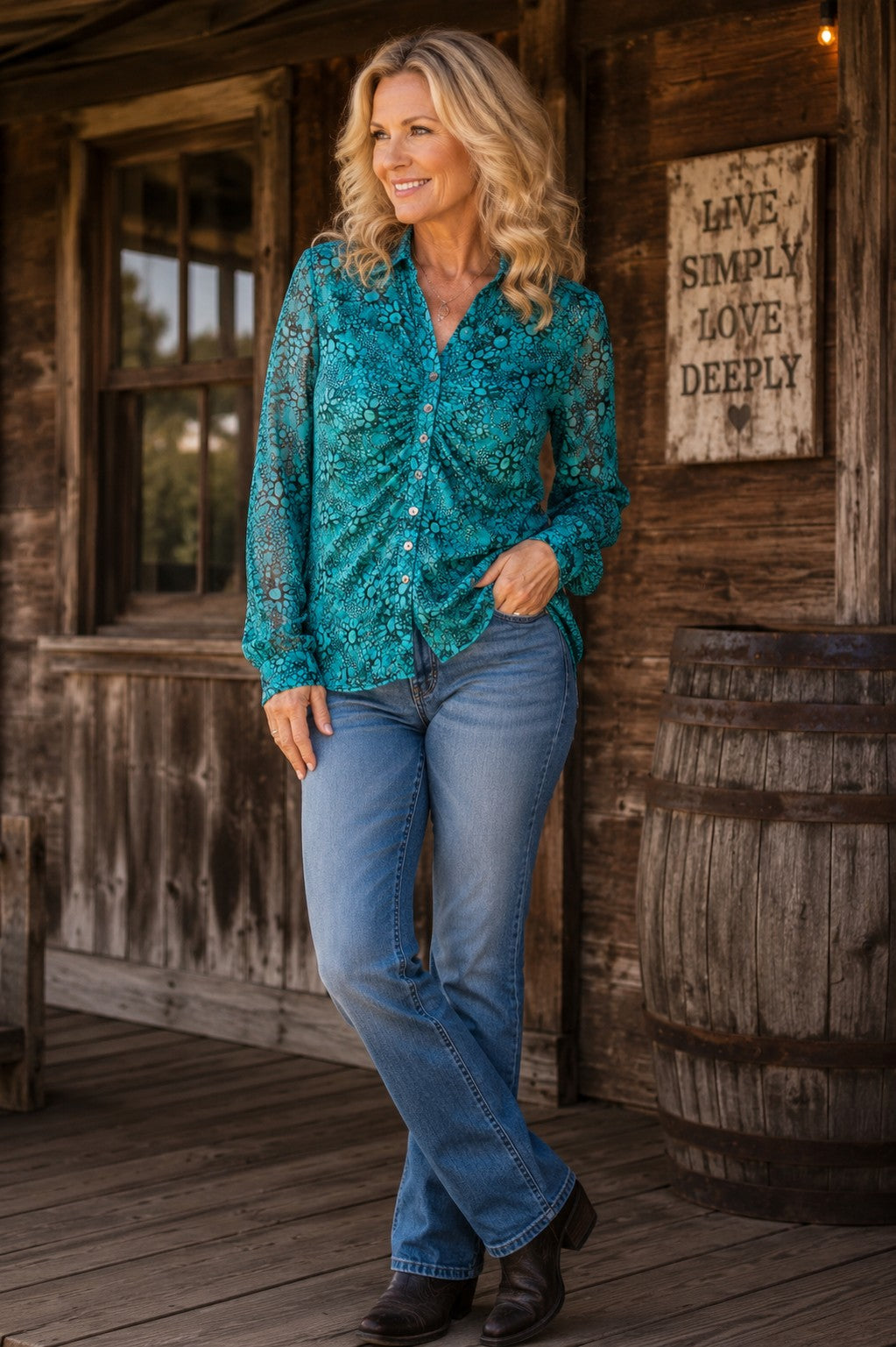 W.A.Y Wonderful & Young Turquoise Mesa Mesh Button Front Blouse-Tops-WAY-Deja Nu Boutique, Women's Fashion Boutique in Lampasas, Texas