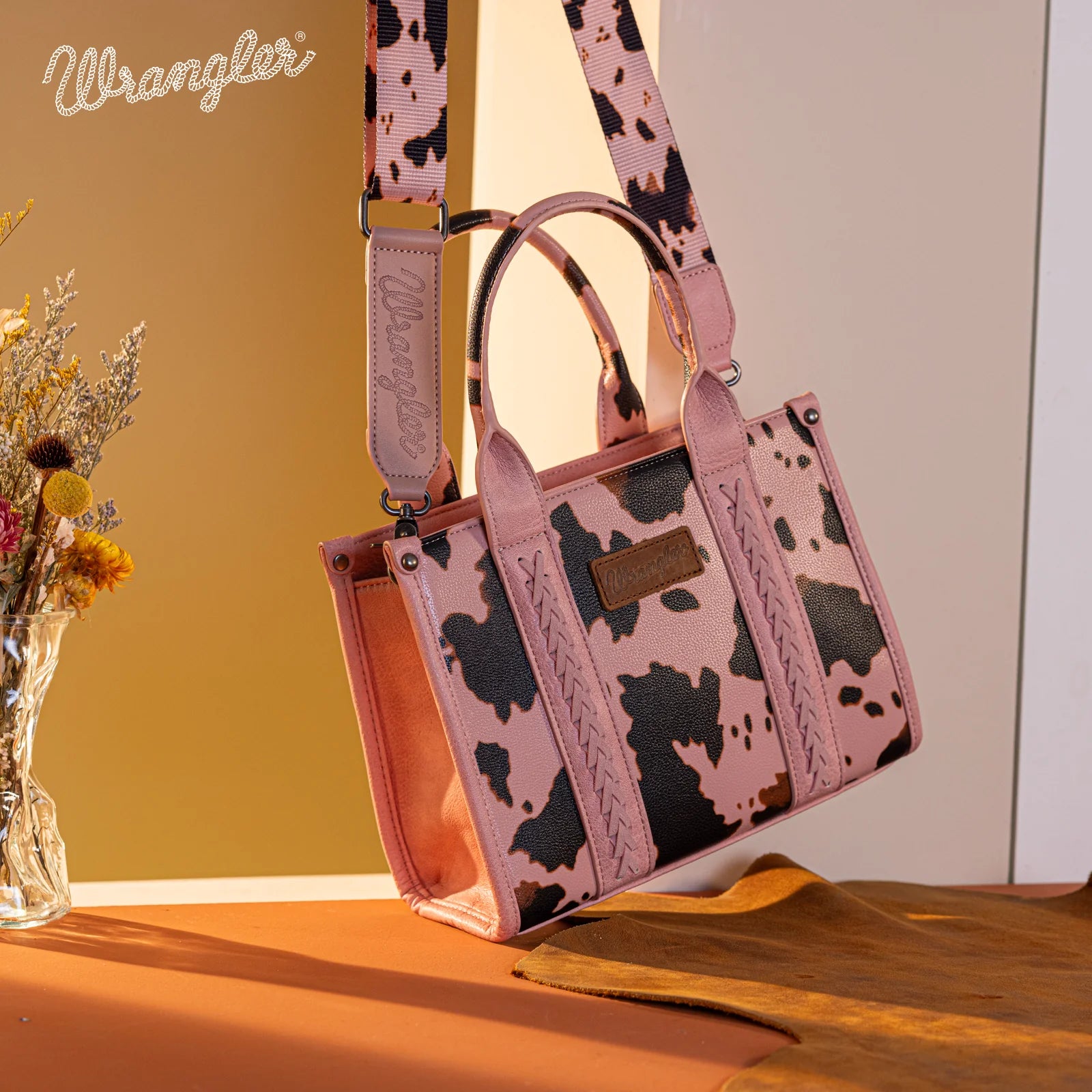 WG133-8120s Wrangler Cow Print Concealed Carry Tote/Crossbody - Pink-Handbags, Wallets & Cases-Wrangler-Deja Nu Boutique, Women's Fashion Boutique in Lampasas, Texas