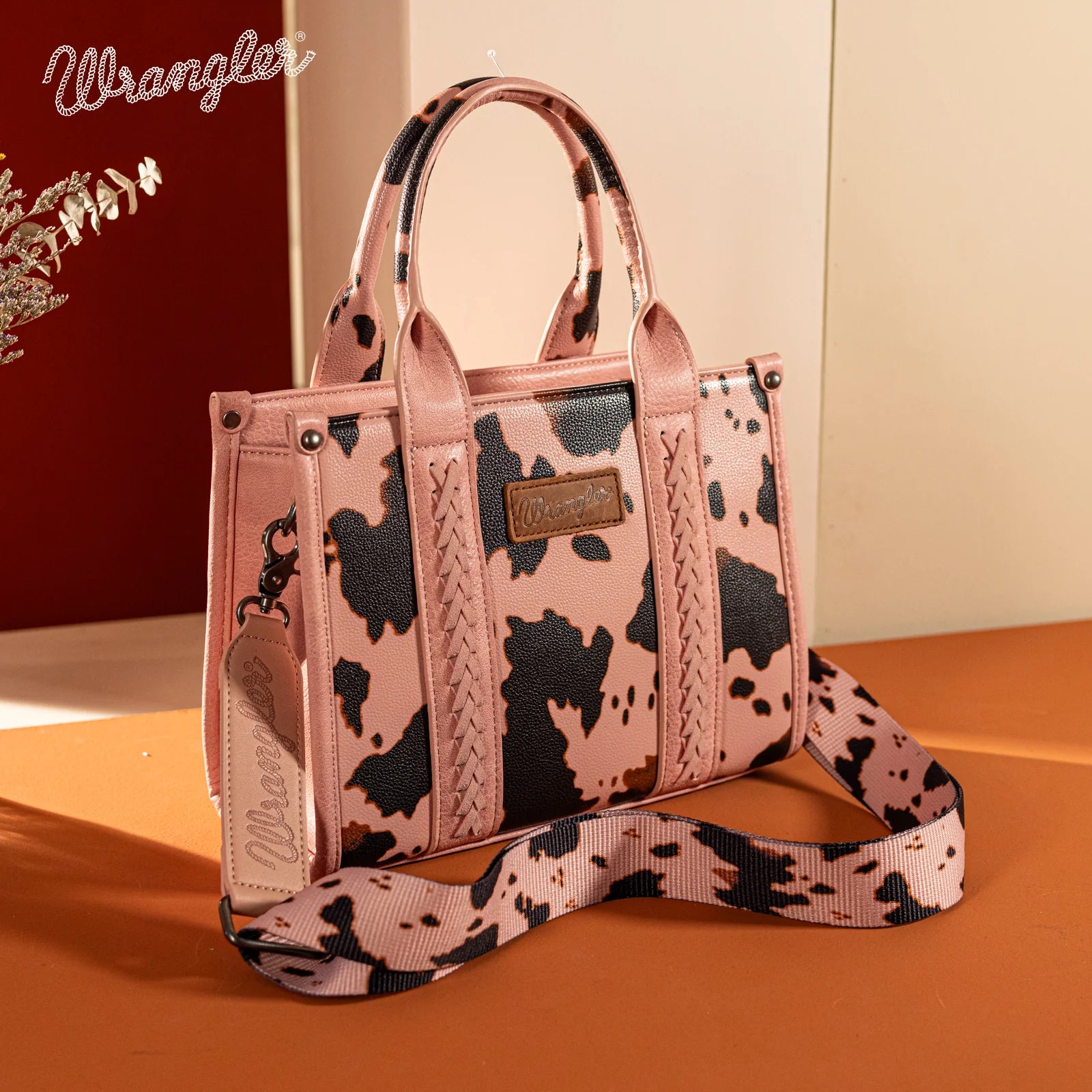 WG133-8120s Wrangler Cow Print Concealed Carry Tote/Crossbody - Pink-Handbags, Wallets & Cases-Wrangler-Deja Nu Boutique, Women's Fashion Boutique in Lampasas, Texas