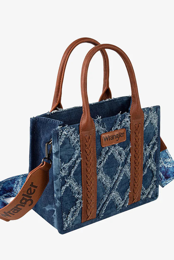 WG2202-8120SJN Wrangler Denim Frayed Fringe Small Canvas Tote/Crossbody-Handbags, Wallets & Cases-Wrangler-Deja Nu Boutique, Women's Fashion Boutique in Lampasas, Texas