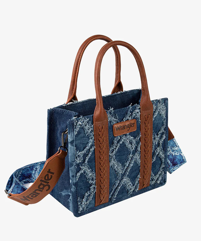 WG2202-8120SJN Wrangler Denim Frayed Fringe Small Canvas Tote/Crossbody-Handbags, Wallets & Cases-Wrangler-Deja Nu Boutique, Women's Fashion Boutique in Lampasas, Texas