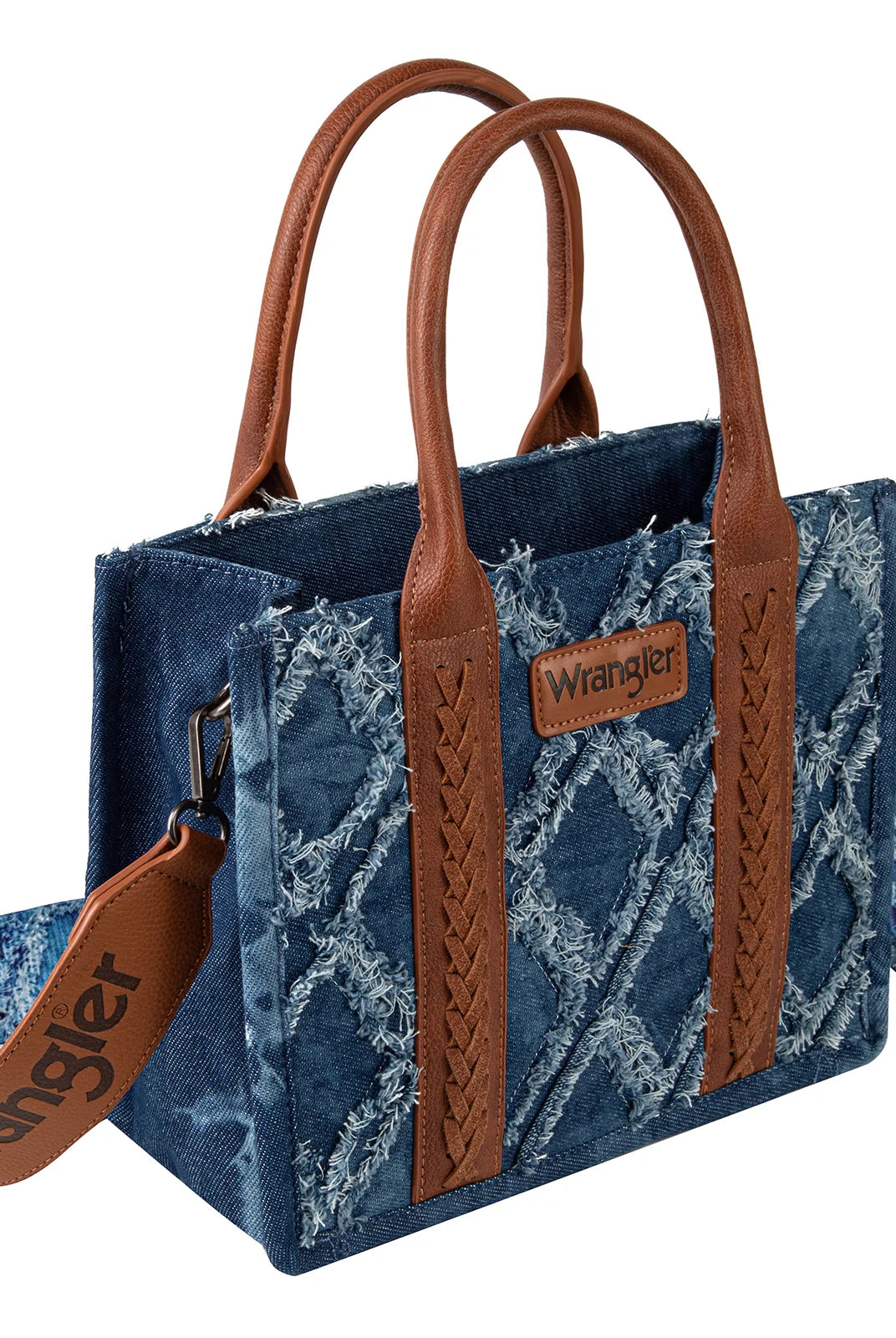 WG2202-8120SJN Wrangler Denim Frayed Fringe Small Canvas Tote/Crossbody-Handbags, Wallets & Cases-Wrangler-Deja Nu Boutique, Women's Fashion Boutique in Lampasas, Texas