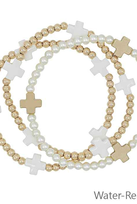 Water-Resistant Beaded Stretch Bracelet with Cross Accents-Bracelets-Deja Nu Tx-Deja Nu Boutique, Women's Fashion Boutique in Lampasas, Texas