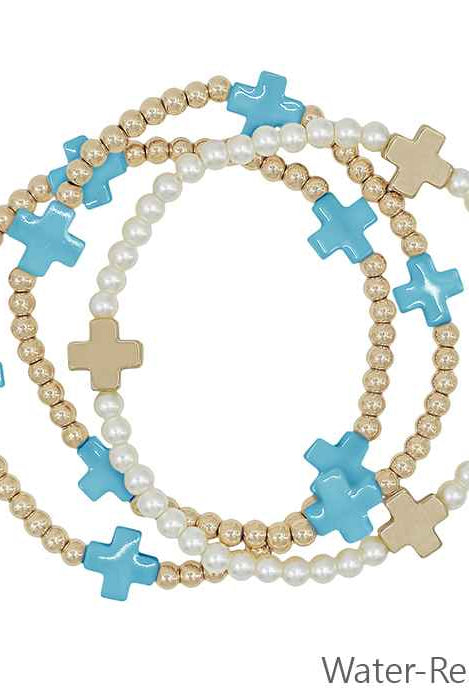 Water-Resistant Beaded Stretch Bracelet with Cross Accents-Bracelets-Deja Nu Tx-Deja Nu Boutique, Women's Fashion Boutique in Lampasas, Texas
